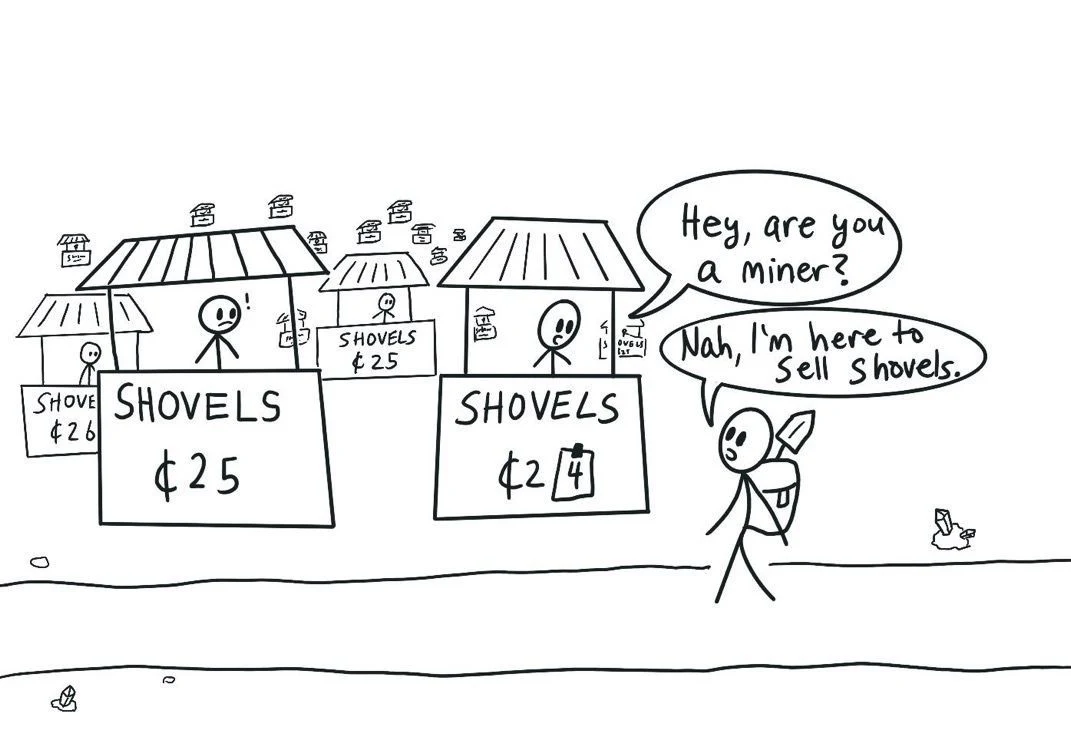 Meme: everyone selling shovels in a crowded market